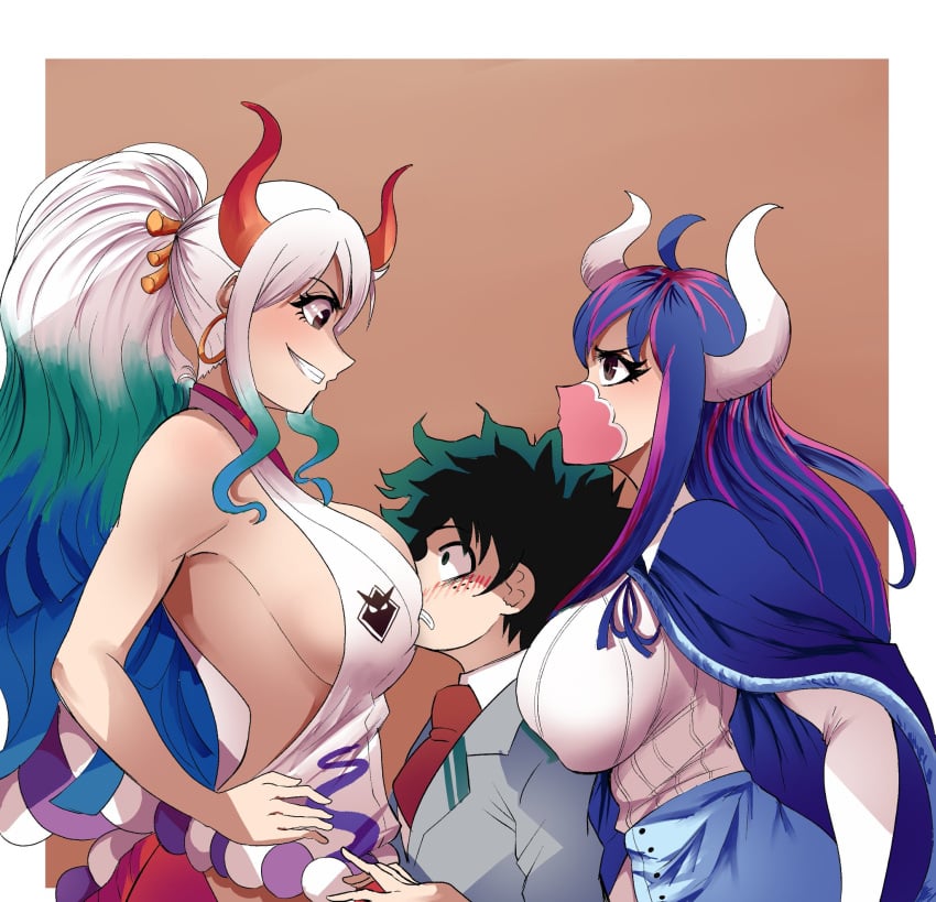 1boy 2girls artist_request between_breasts bigger_female blush blush_lines crossover eye_contact face_between_breasts female hand_on_hip height_difference horns izuku_midoriya long_hair male marshmallow_hell multicolored_hair my_hero_academia nervous one_piece shorter_male smaller_male smiling tied_hair u.a._school_uniform ulti_(one_piece) yamato_(one_piece)