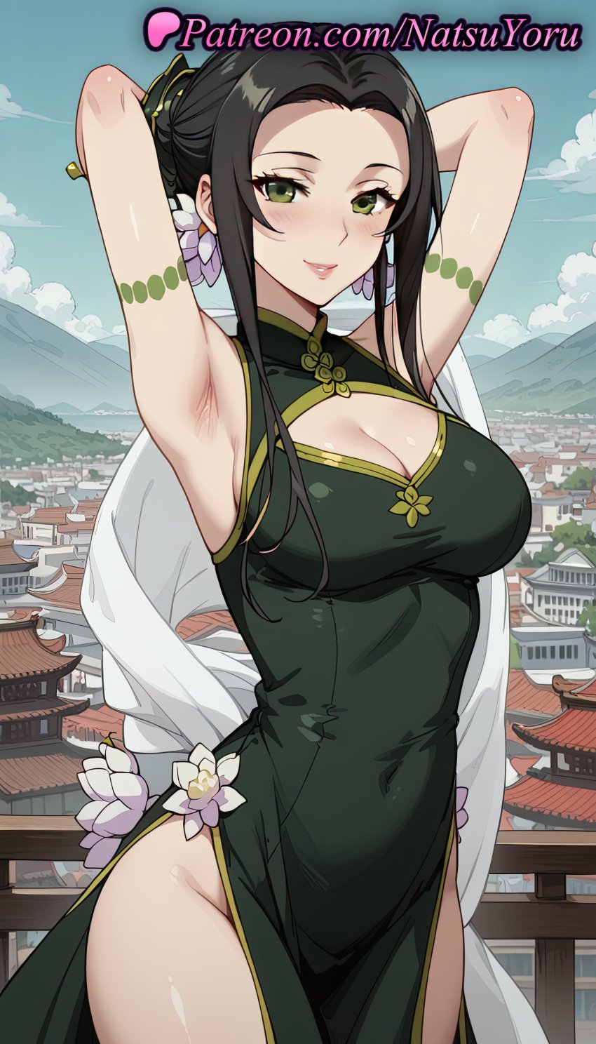 1girls ai_generated anime anime_style architecture armband armlet armpit armpits arms_behind_head arms_up bare_shoulders black_hair blue_sky blush breasts building bust busty china_dress chinese_clothes cleavage cleavage_cutout closed_mouth clothing_cutout cloud covered_navel cowboy_shot day dress earrings east_asian_architecture female female_focus female_only flower flowers green_dress green_eyes hair_bun hair_flower hair_ornament hentai jewelry large_breasts lips long_hair looking_at_viewer makeup mountain mountainous_horizon natsuyoru ost_horai outdoors parted_lips pelvic_curtain railing shawl side_slit sidelocks single_hair_bun sky sleeveless sleeveless_dress smile solo solo_female tate_no_yuusha_no_nariagari the_rising_of_the_shield_hero thighs voluptuous voluptuous_female