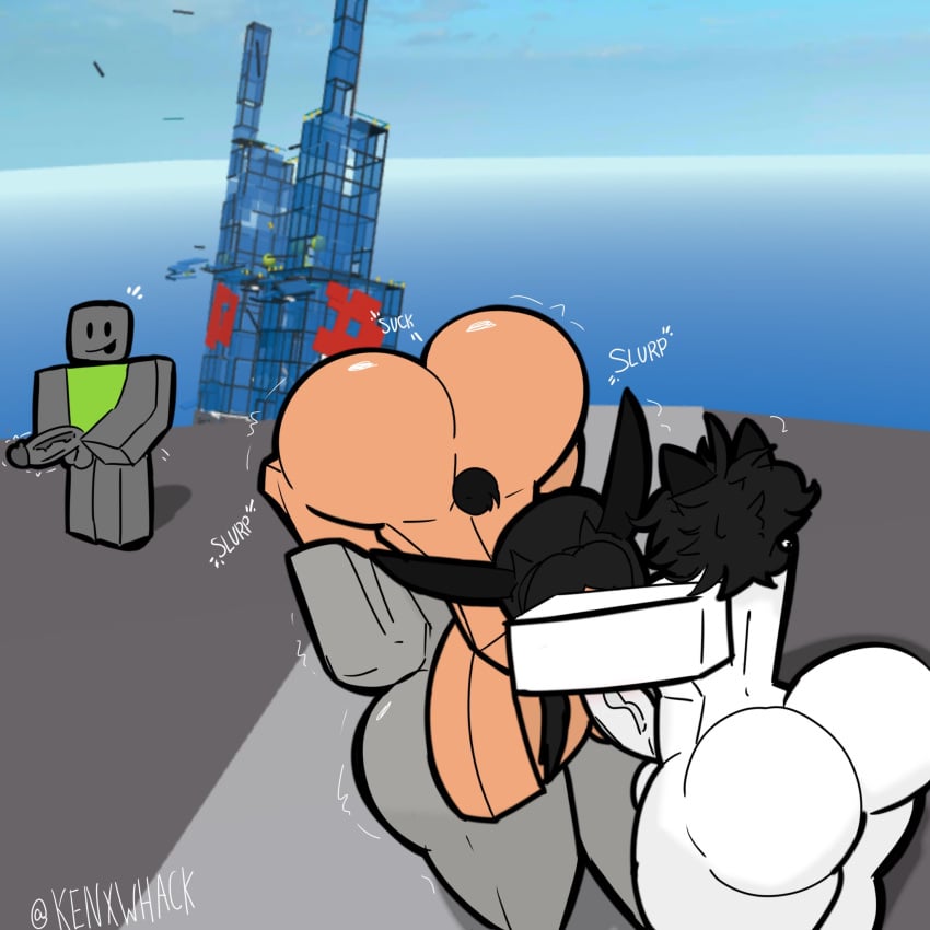 1girls 2025 2d 3boys 3d_background blowjob bunny_girl deepthroat femboy_on_female kenxwhack licking licking_ass natural_disaster_survival outdoors penis penis_in_mouth public_sex roblox roblox_avatar roblox_background roblox_game robloxian sex threesome