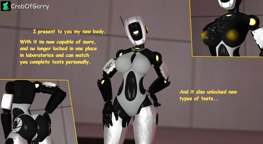 1girls 2024 3d big_breasts big_butt blurry_background breasts_out butt_markings crabofgarry deviantart dialogue garry's_mod glados grey_swimsuit indoors insignia interior_background joints leggings markings nipples portal_(series) robot_humanoid solo_female solo_focus swimsuit text