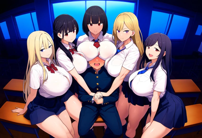 1boy 5girls ai_generated big big_breasts big_breasts bigger_female breasts breasts clothed clothed_female clothed_male female larger_female light-skinned_female light-skinned_male light_skin looking_at_viewer male multiple_females multiple_girls school_uniform schoolboy schoolgirl shorter_male smaller_male thick_thighs thighs