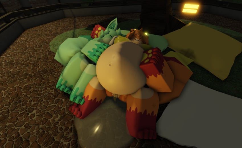 3d after_sex anthro breasts fashui_(kaiju_paradise) feizao_(kaiju_paradise) female furry hug_from_side kaiju_paradise lactating male pregnant pregnant_belly pregnant_female ravenuwu roblox roblox_game robloxian self_upload sleep sleeping sleeping_together tagme water_break yellow_nipples yellow_pussy