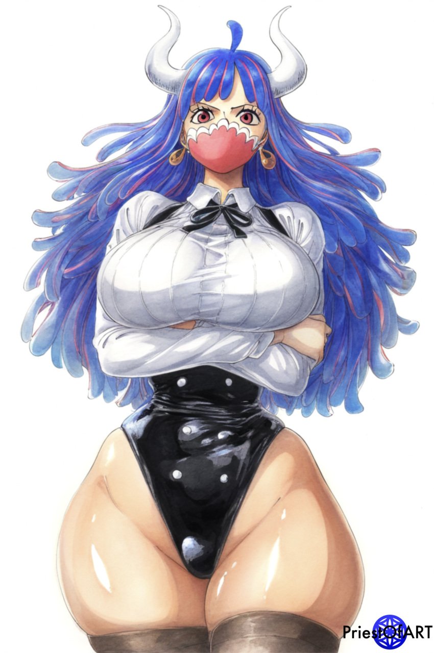 1girls ai_generated big_breasts blue_eyes crossed_arms earrings female female_focus female_only horn huge_breasts large_breasts maid maid_outfit maid_uniform multicolored_hair one-piece one_piece pink_eyes priestofart simple_background solo solo_female solo_focus stockings tagme tagme_(artist) tagme_(character) thick_thighs ulti_(one_piece) white_background wide_hips