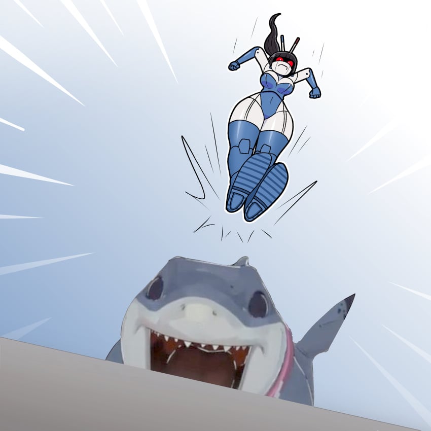 android beepo_(chunkymoon) black_hair blue_body blue_eyes blue_leotard leotard machine robot robot_girl shark