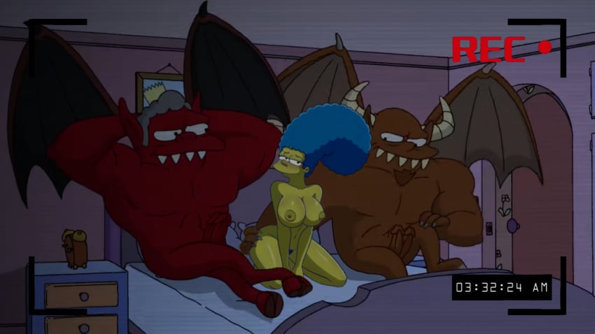 1girl2boys 2boys 2boys1girl bed bedroom breasts brown_body brown_skin demon demon_boy demon_horns demon_humanoid demon_wings demons female grabbing_ass imminent_rape imminent_sex marge_simpson moe_szyslak night nude nude_female nude_male paranormal_activity penis recording recording_video red_body red_skin sexy sexy_pose the_simpsons trio waiting_for_sex yellow_body yellow_skin