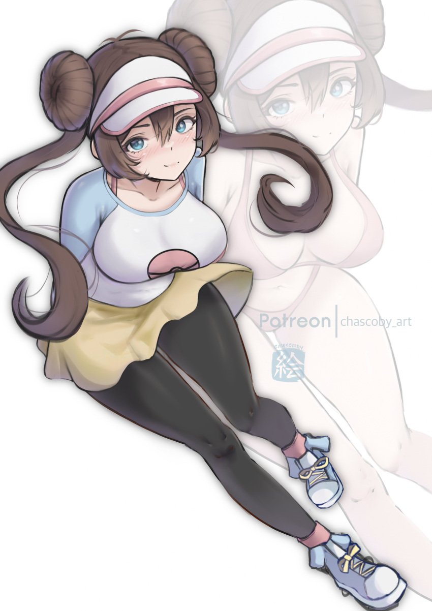 1girls aged_up blue_eyes breasts brown_hair chascoby female large_breasts light-skinned_female light_skin nintendo pokemon pokemon_bw2 rosa_(pokemon) shoes sneakers twin_buns twintails