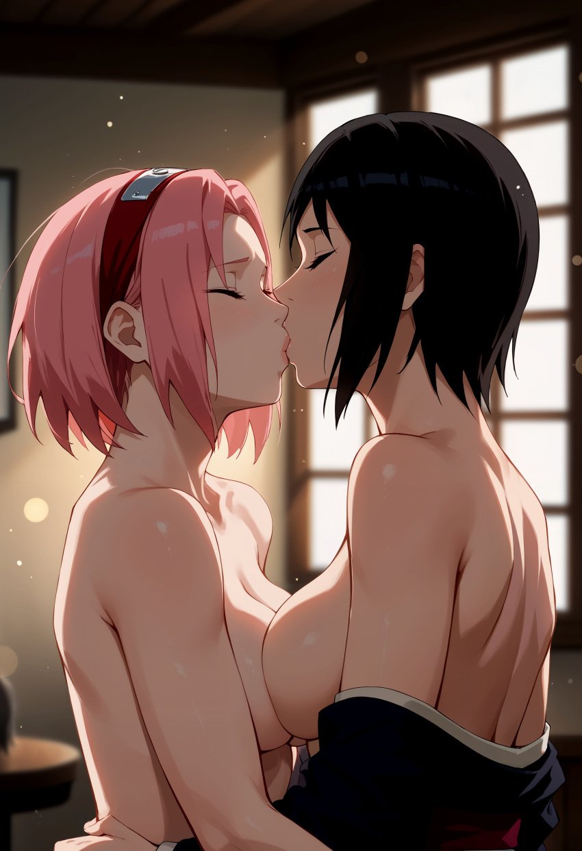 2girls adult_and_teenager age_difference ai_generated bare_back bare_shoulders black_hair blush breast_press breasts_out closed_eyes clothed_female_nude_female completely_nude completely_nude_female docking embarrassed embrace female/female high_resolution kimono kimono_down kissing light-skinned_female light_skin medium_breasts multiple_girls naruto naruto_(series) naruto_shippuden no_bra nude nude_female older_woman_and_younger_girl partially_clothed partially_clothed_female pink_hair sakura_haruno shiny shiny_skin shizune short_hair standing symmetrical_docking uncensored upper_body white_skin yuri