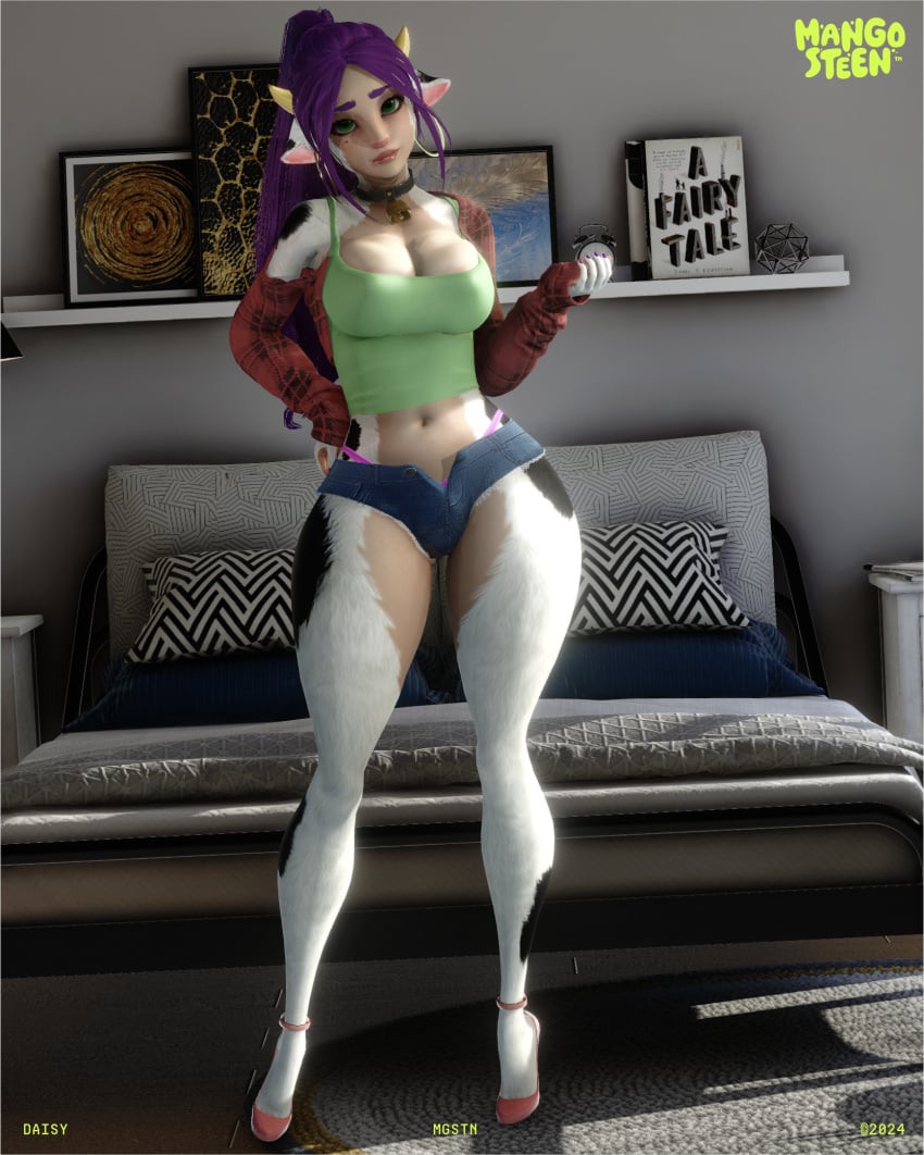 anthro bed bovid bovid_humanoid bovine bovine_humanoid cow_ears cow_girl cow_horns cow_print cowbell cowgirl furry furry_femal hotpants looking_at_viewer purple_hair source_request