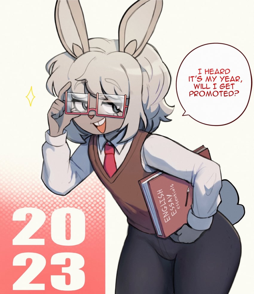 1boy anthro book comic dialogue femboy gay glasses grey_fur grey_hair male male_only mr._grayson ms_pigtails professor rabbit rabbit_ears skyguyart smug teacher twink