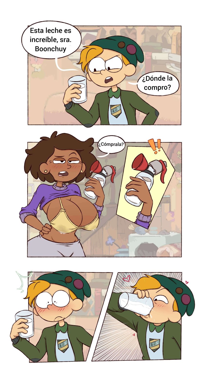 amphibia big_breasts blush bra casual clothing comic comic_panel dark-skinned_female dark_skin deep_blush disney disney_channel drawsoyeah female horny human humor lactating lactation lactation light-skinned_male male milf milking_machine mother mrs._boonchuy older_female oum_boonchuy pale_skin slight_blush spanish_text sprig_plantar straight_hair text twig_(amphibia) younger_male