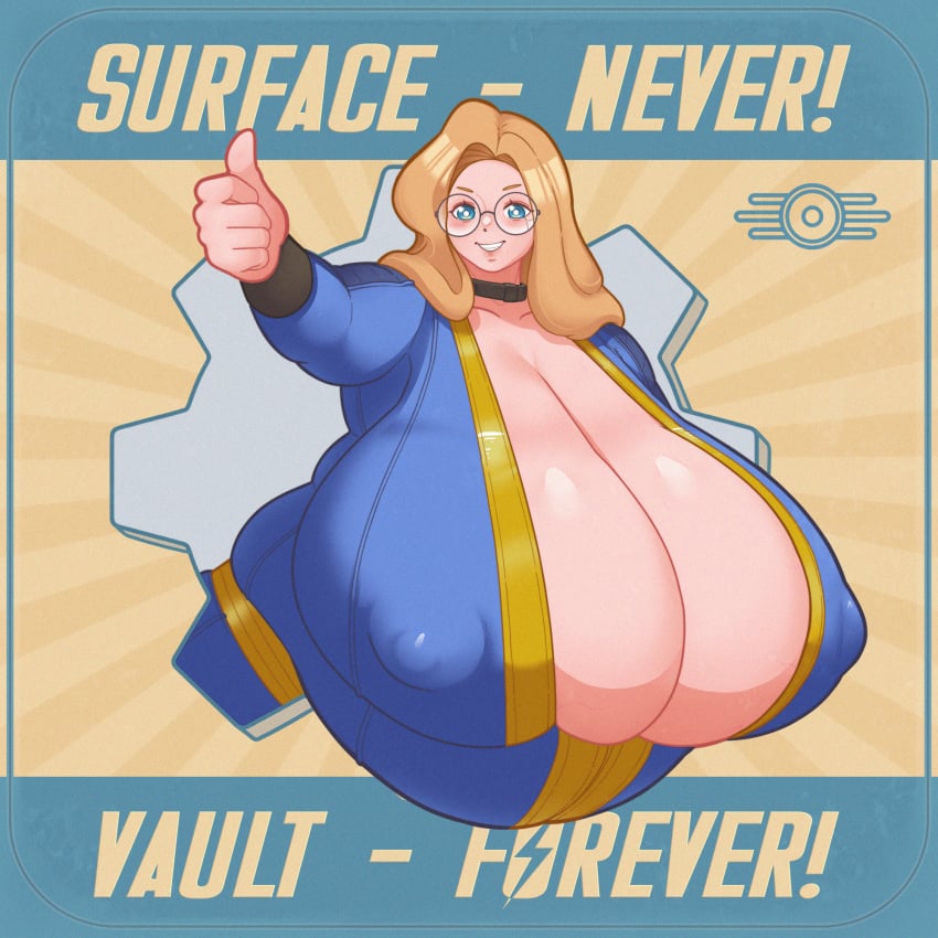 1girls bbw big_breasts blonde_hair blonde_hair blue_eyes chubby cleavage exposed_breasts fallout fallout_series fat fat_belly fat_breasts fat_woman female glasses huge_breasts large_breasts massive_breasts milf obese overweight plump_potato vault_dweller vault_suit voluptuous