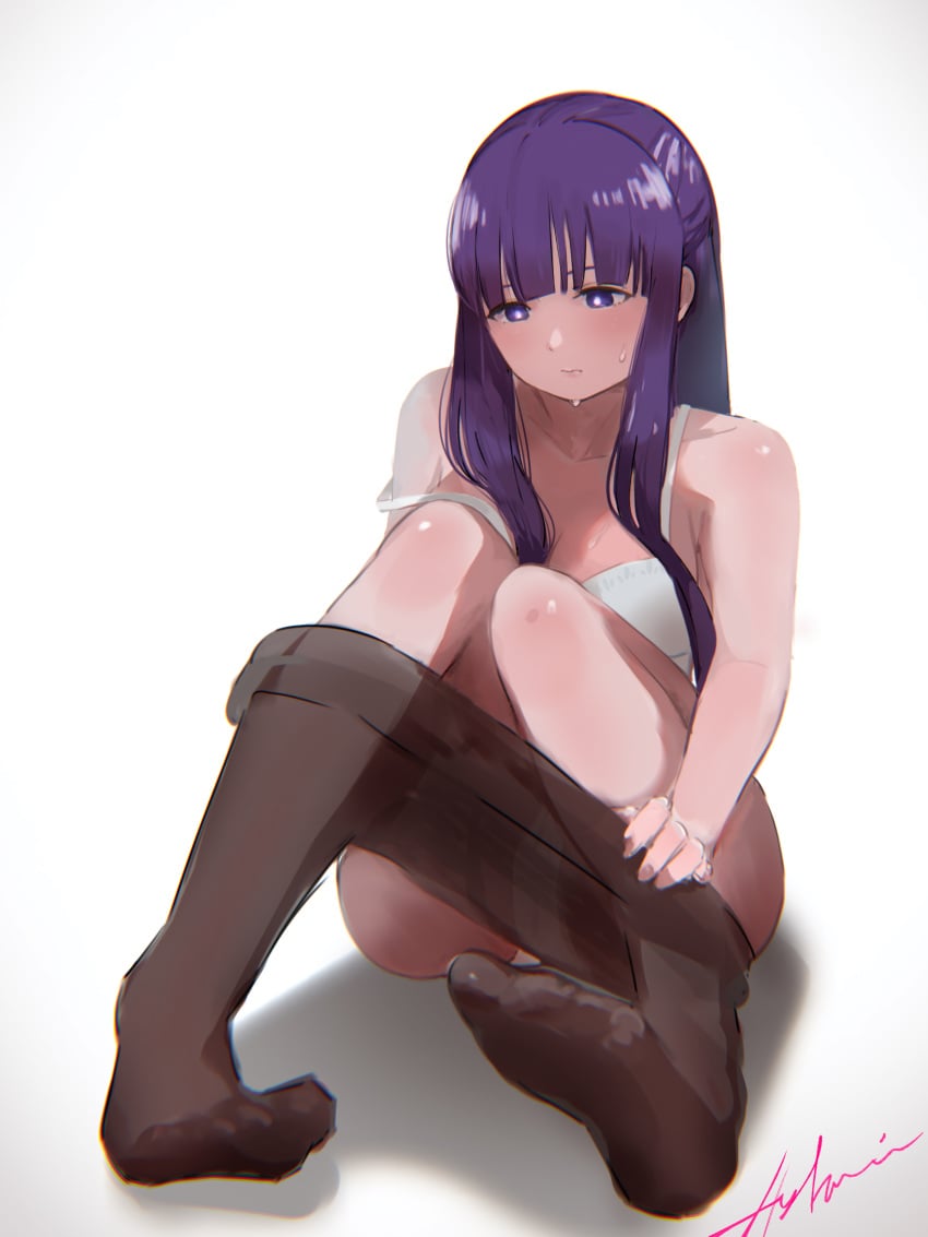 1girls absurdres black_pantyhose blunt_bangs bra breasts bright_pupils closed_mouth clothes_pull collarbone cut_bangs fern_(sousou_no_frieren) full_body gradient_background highres hylran0427 knees_up large_breasts long_hair pantyhose pantyhose_pull purple_eyes purple_hair shiny_skin signature simple_background sitting sousou_no_frieren strap_slip sweat underwear undressing white_bra