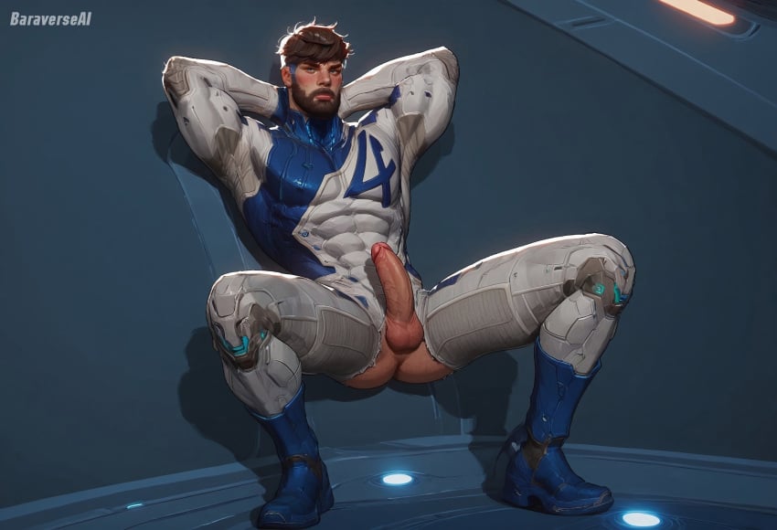 abs ai_generated ass bara baraverse beard biceps bulge daddy dilf erect_penis erection hairy male male_only marvel marvel_rivals mature_male mr_fantastic mr_fantastic_(marvel_rivals) muscular muscular_male pecs penis solo tight_clothing uncensored