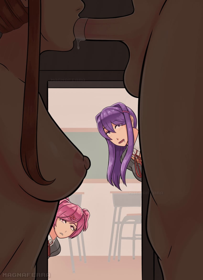 1boy 3girls brown_hair caught_in_the_act closet_sex doki_doki_literature_club magna_ferra male monika_(doki_doki_literature_club) natsuki_(doki_doki_literature_club) nipples nude_female oral pink_hair purple_hair salivating unseen_character yuri_(doki_doki_literature_club)