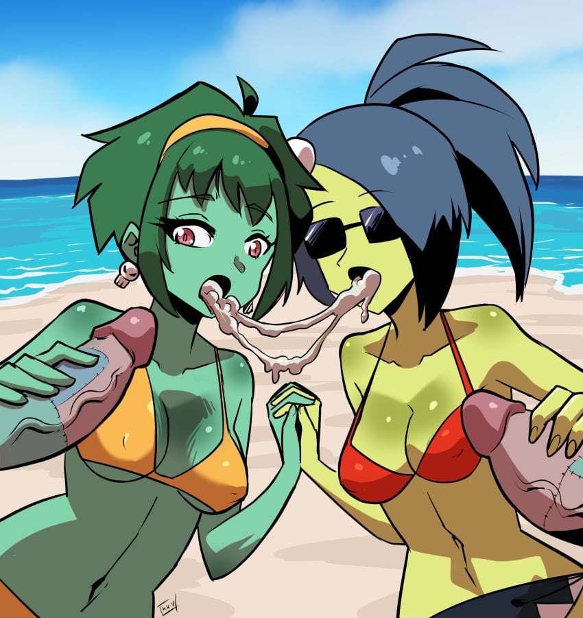 2girls 2girls2boys alternate_version_available beach beach_background bikini bikini_bottom bikini_top bisexual bisexual_female blue_hair breasts covered_nipples cum cum_in_mouth cum_trail green_hair green_skin handjob hi_res holding_hands kukuruyo monster_cock navel penis red_eyes rottytops saliva saliva_string saliva_trail shantae shantae_and_the_seven_sirens skirt sunglasses swimsuit zombie_fangirl