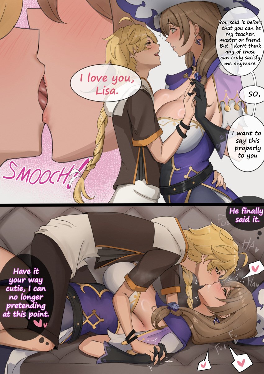 1boy 1girls aether_(genshin_impact) color drawing hans-kun horny_female lisa_(genshin_impact) mihoyo sex straight taller_girl
