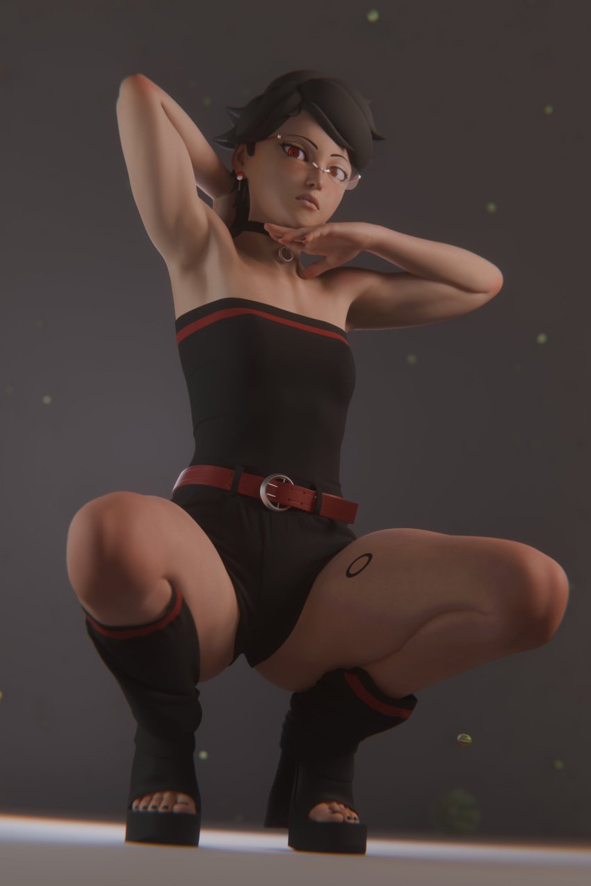 1girls armpits black_hair black_nails black_toenails boruto:_naruto_next_generations choker female glasses heels low-angle_view nail_polish naruto ninja red_eyes sarada_uchiha solo thick_thighs thighs valenok