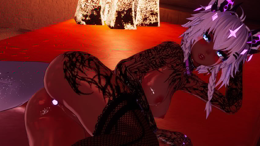 blush butt_focus buttplug female female_only laying_down tattoo thighhighs thighs topless topless_female vrchat vrchat_avatar
