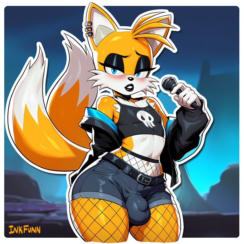 1boy ai_generated anthro belt black_jacket black_lipstick black_pants blue_eyes bulge crop_top crossdressing emo femboy fishnet fox furry goth inkfunn makeup male microphone midriff penis_outline punk skull_symbol solo sonic_(series) sonic_the_hedgehog_(series) spiked_hair tails tails_the_fox thick_thighs two_tails yellow_fur