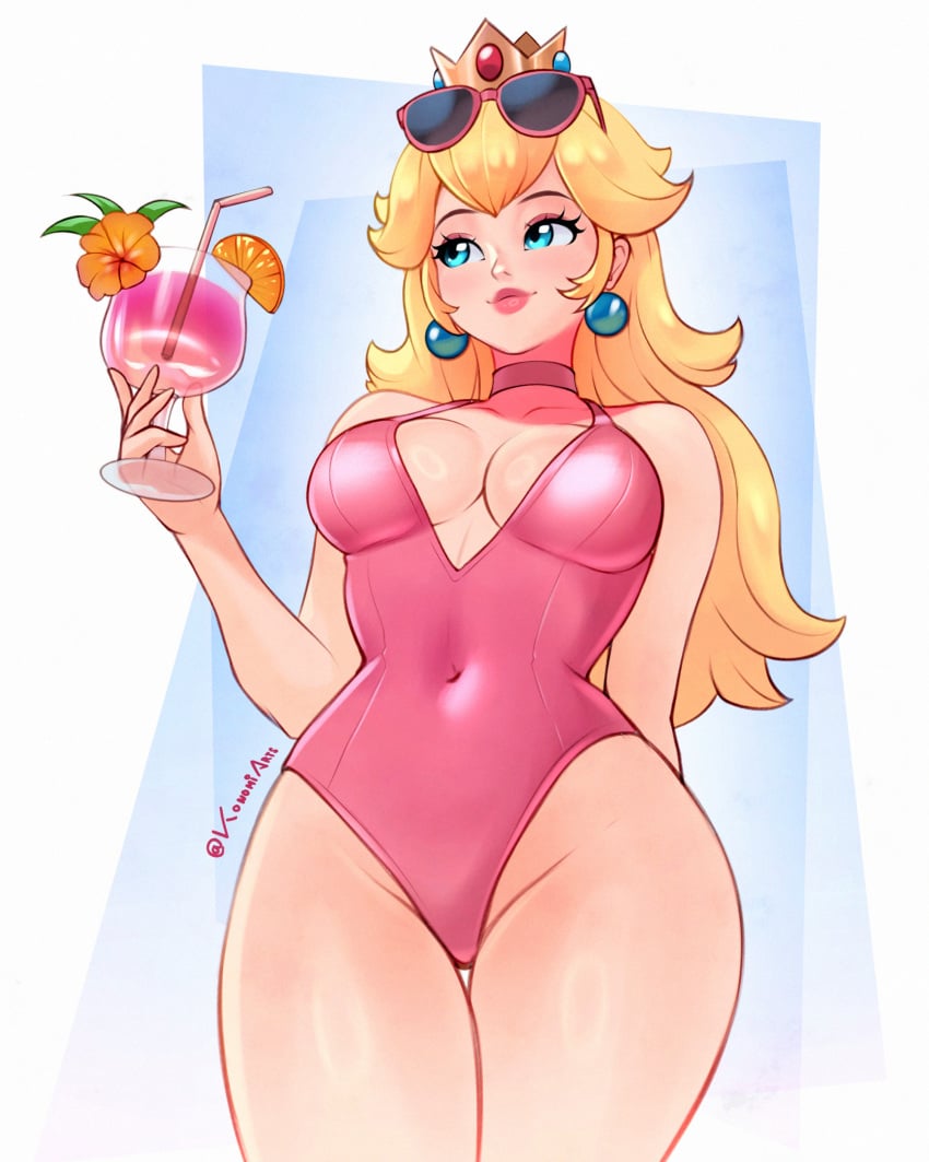 1girls 2025 absurdres alternate_costume artist_name big_breasts blonde_hair blue_eyes breasts busty cleavage covered_navel crown drink ear_piercing earrings female female_only highres konomidraw large_breasts light-skinned_female light_skin long_hair mario_(series) navel princess princess_peach skin_tight smile solo sunglasses sunglasses_on_head swimsuit voluptuous watermark