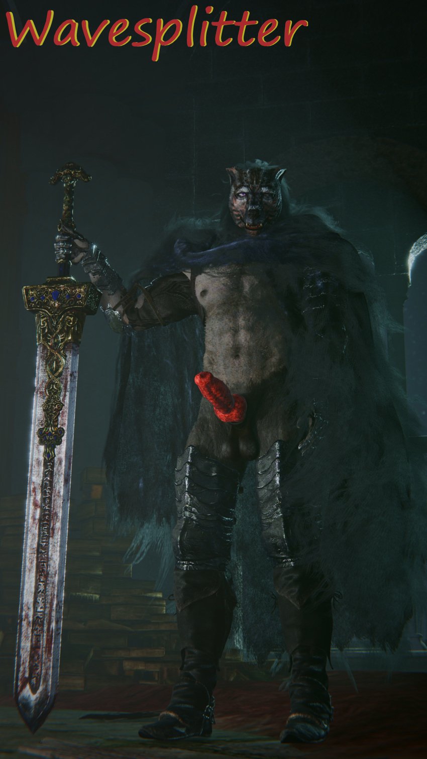 armor balls big_balls big_penis black_fur blaidd_(elden_ring) blaidd_the_half-wolf clothes elden_ring furry grey_fur knot knotted_penis male penis penis_out purple_eyes red_penis solo solo_male sword tagme wavesplitter