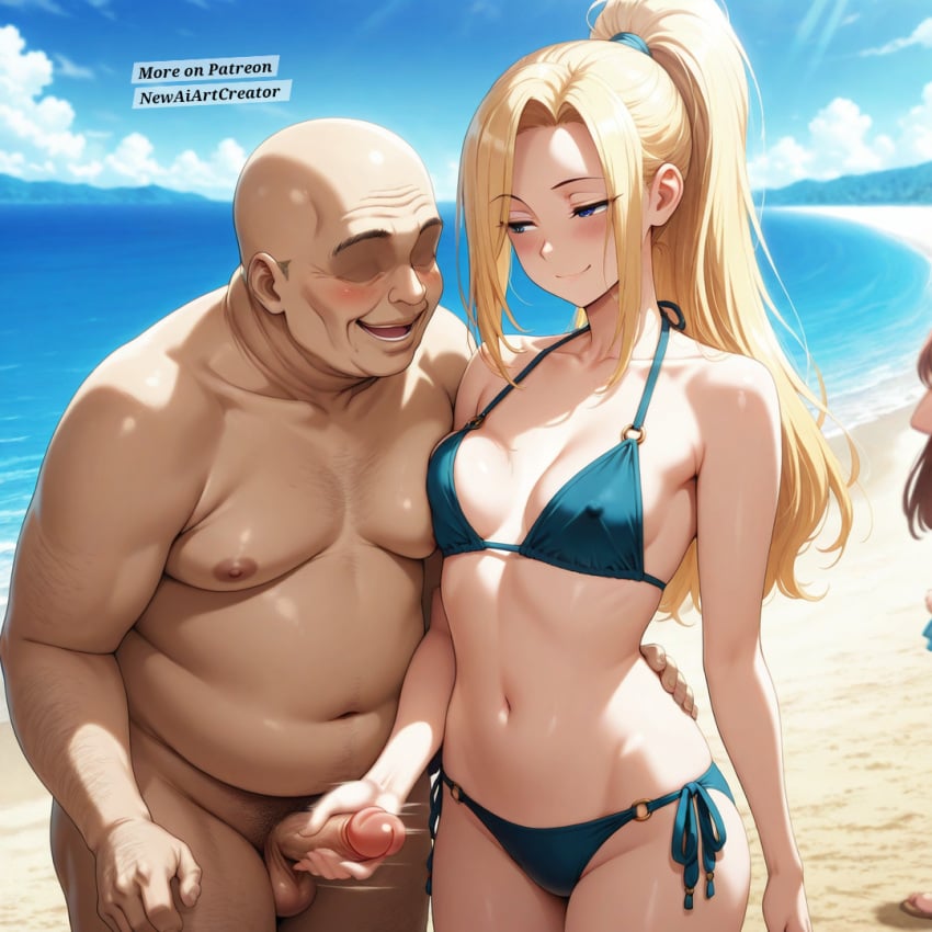 ai_generated beach bikini bikini_bottom bikini_top blonde_female blonde_hair blonde_hair_female handjob ino_yamanaka naruto naruto_(series) naruto_shippuden newaiartcreator old_male old_man older_male public public_nudity public_sex seductive seductive_look seductive_smile ugly_man yellow_hair
