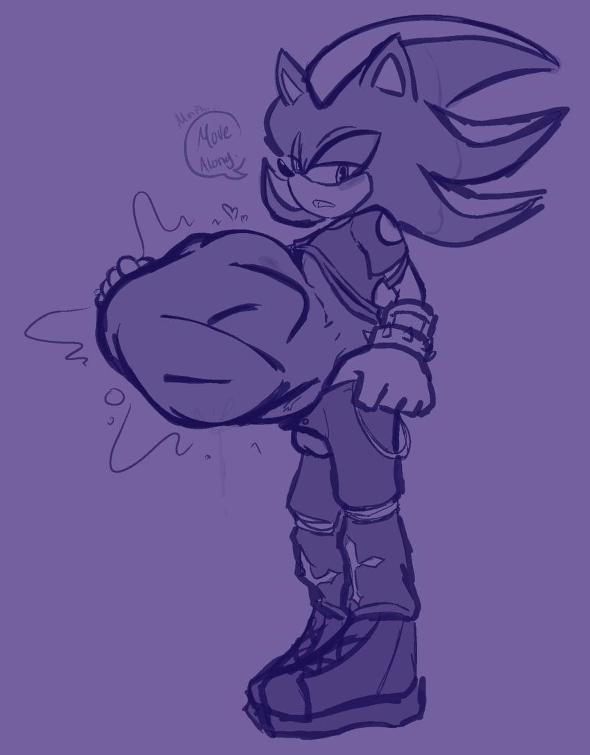 after_vore anthro balls belly big_belly clothed clothing dialogue genitals hi_res male male_pred oral_vore orangec1rcles same_size_vore sega shadow_the_hedgehog solo sonic_(series) sonic_the_hedgehog_(series) speech_bubble stomach_bulge vore