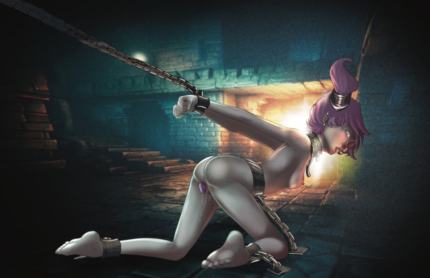 ai_generated_background binder_(restraint) bondage chains collar dc dc_comics dildo dildo_in_pussy drooling grey_skin handdrawn handdrawn_art jinx_(dc) legs_apart looking_at_viewer looking_over_shoulder manacles naked nude piercings pink_hair slave teen_titans tongue_out