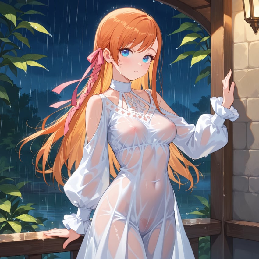 18yo 1girls ai_generated belly_button bottomless breast, breasts c.c.leah dress_only exhibitionism female female_focus ffxiv final_fantasy final_fantasy_xiv minfilia no_bra no_panties outdoors petite petite_female public_nudity ryne_waters see-through see-through_clothing shirt_only solo_focus transparent_clothing voyeurism wet wet_clothes wet_skin