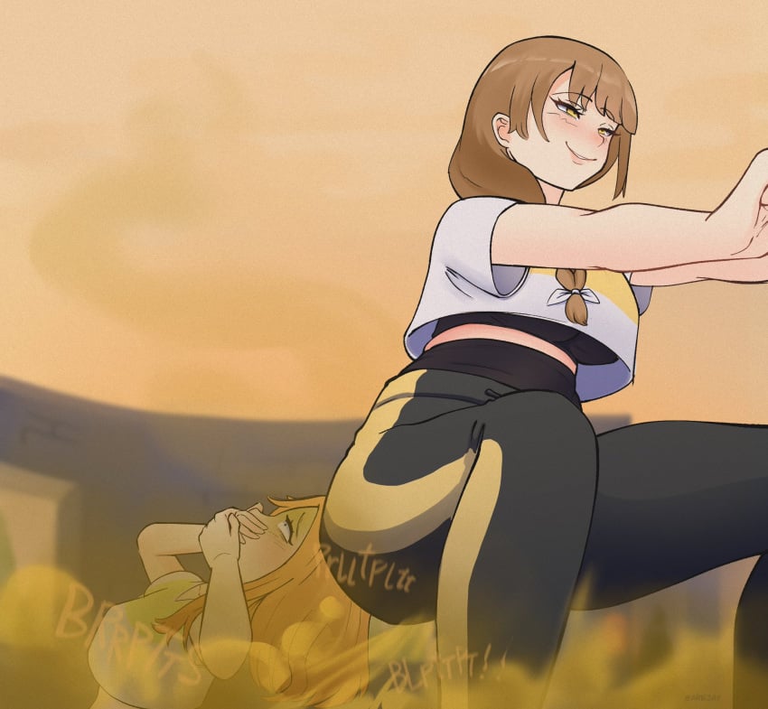 arejay big_ass big_breasts bikini blonde_hair brown_hair bubble_butt enjoying_farting etie_(fire_emblem) fart fart_cloud fart_fetish fart_torture farting farting_on_another farts fat_ass fire_emblem fire_emblem_engage goldmary_(fire_emblem) nintendo situps squatting workout workout_clothes yellow_eyes