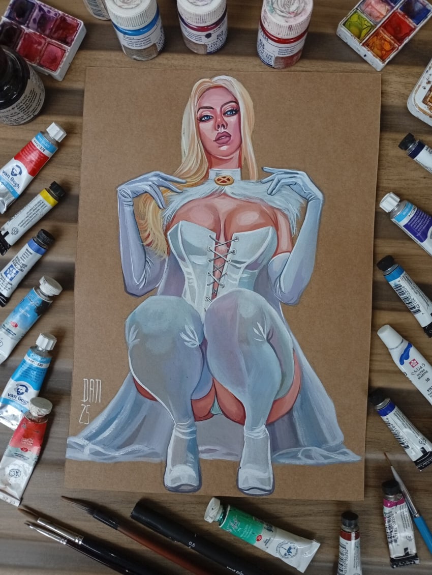 blonde_female blonde_hair blue_eyes dan_wade emma_frost female hellfire_club large_breasts lingerie marvel marvel_comics panties tramastudio white_queen x-men