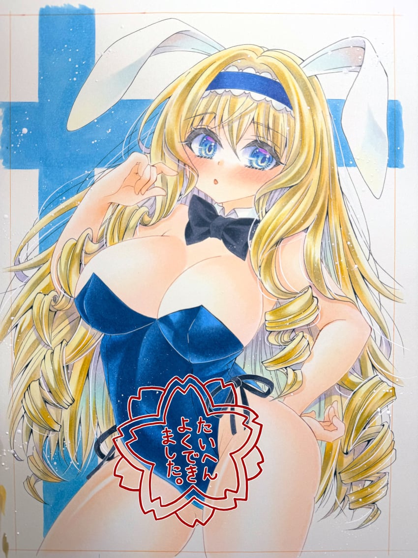1girls big_breasts blonde_hair blue_eyes breasts busty cecilia_alcott cleavage covered_navel drill_hair female female_only hair_ribbon hand_on_hip hi_res highres infinite_stratos large_breasts legs leotard long_hair looking_at_viewer parted_lips playboy_bunny pose posing rabbit_ears red_lips ribbon solo thighs traditional_media very_long_hair voluptuous