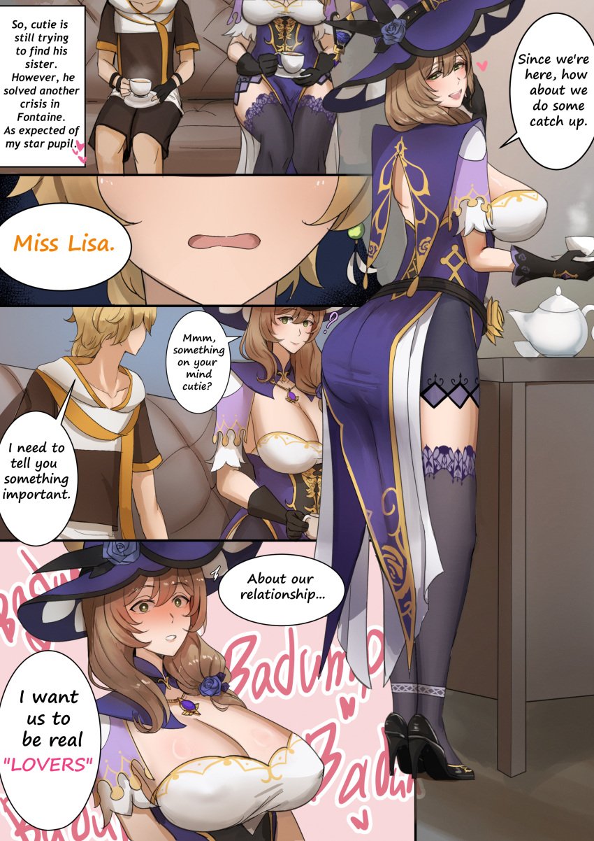 1boy 1girls aether_(genshin_impact) color drawing hans-kun horny_female lisa_(genshin_impact) mihoyo sex straight taller_girl
