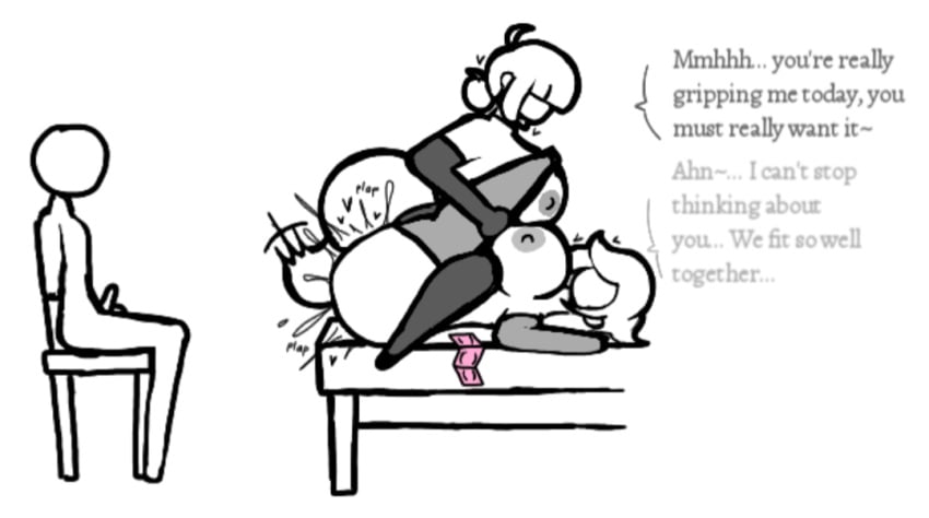 1boy 2girls aplovestudio bedroom chair condom_wrapper cucked_by_futa cuckold dialogue faceless_character futanari huge_ass huge_balls huge_breasts mating_press on_back short_hair text thighhighs