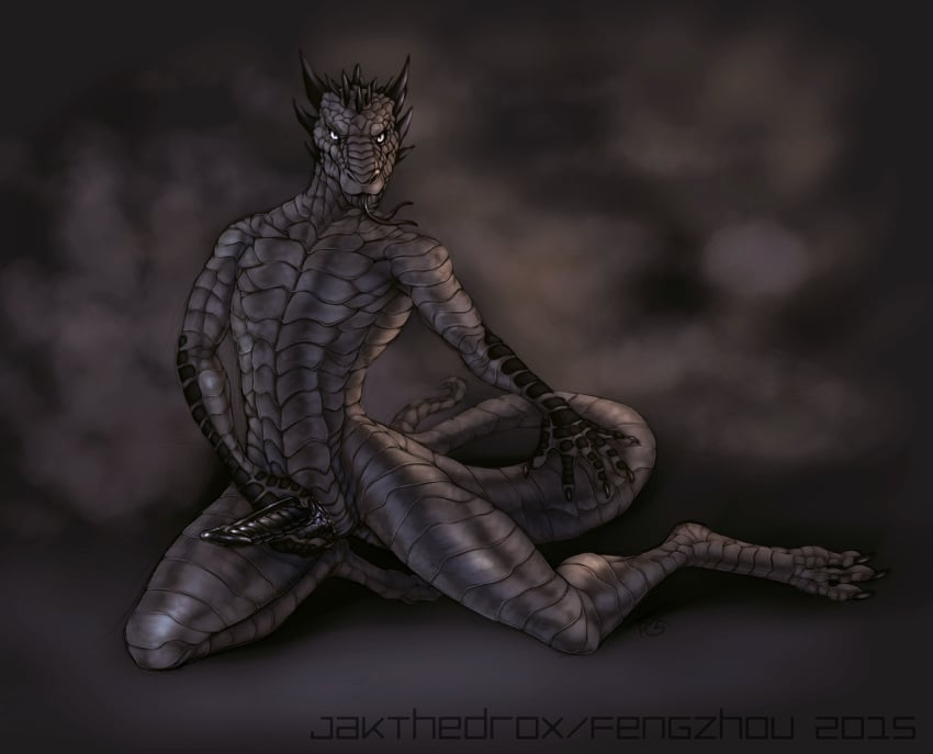 1boy 2015 animal_genitalia anthro argonian bethesda_softworks black_penis black_scales black_tongue digitigrade dragon erection fengzhou forked_tongue front_view genital_slit grey_scales holding_penis jakthedrox kneeling looking_at_viewer male male_only penis presenting presenting_penis scalie slit solo the_elder_scrolls tongue tongue_out