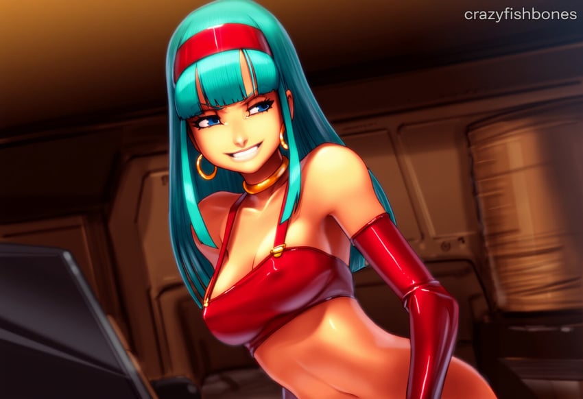 2025 ai_generated artist_name blue_eyes blue_hair bra_(dragon_ball) breasts cleavage crazyfishbones elbow_gloves female gloves long_hair smile solo