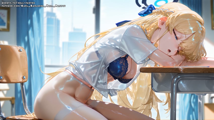 ai_female ai_generated asuma_toki blonde_hair blue_archive blue_eyes bra breasts color colored female hell-pantsu hi_res medium_breasts perfect_body toki_(blue_archive)
