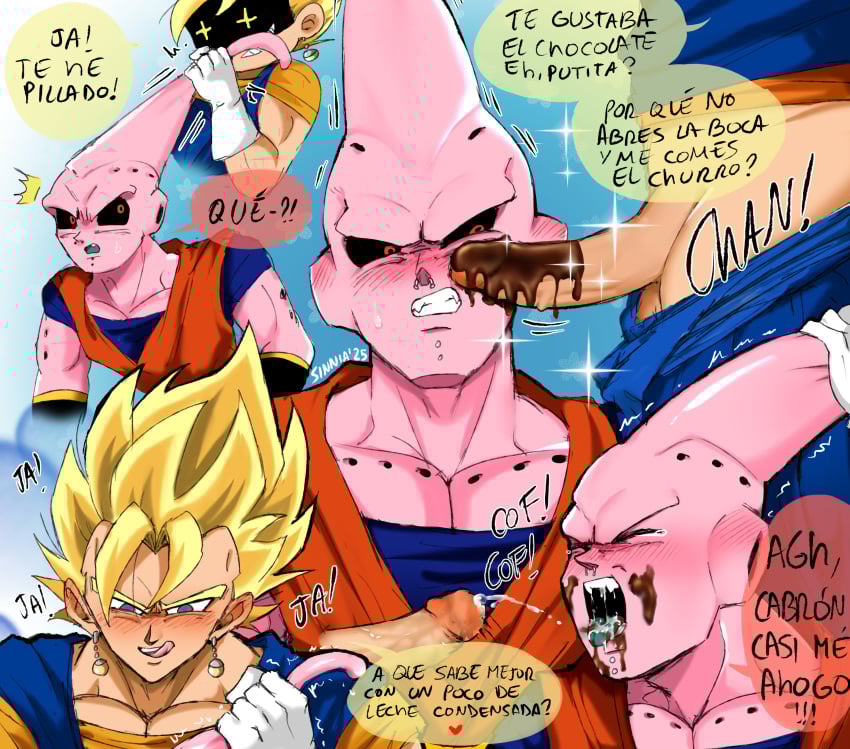 2boys after_fellatio blonde_hair blush chocolate chocolate_on_body chocolate_on_penis closed_eyes clothes_pull crying cum cum_in_mouth dragon_ball dragon_ball_z earrings erection food food_on_body food_on_face gay gloves heart heart-shaped_pupils imminent_fellatio jewelry large_pectorals looking_at_penis majin_buu multiple_boys muscular muscular_male open_mouth pants pants_pull pectorals penis penis_awe potara_earrings saliva sinnia spanish_text super_buu super_saiyan symbol-shaped_pupils tongue tongue_out uncensored vegito veins veiny_penis yaoi