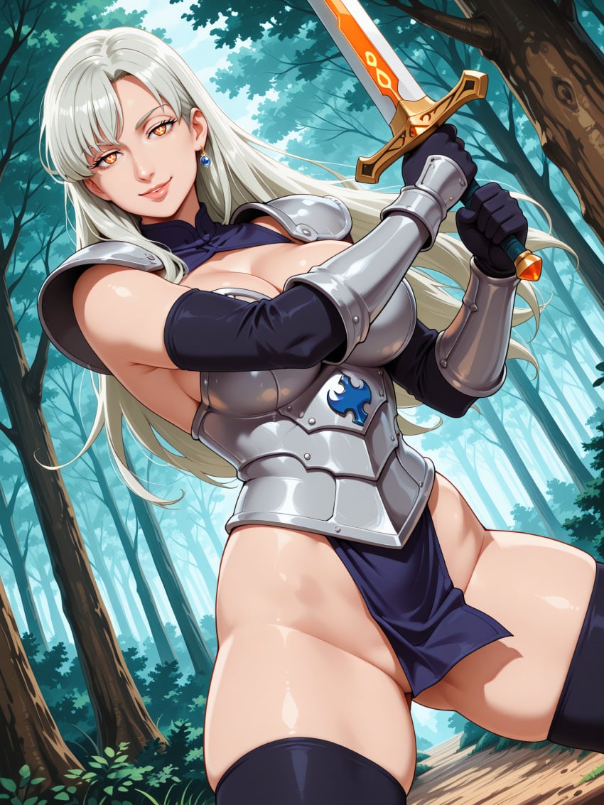 ai_generated anime anime_girl anime_milf anime_style armor armored_female big_ass big_breasts big_butt cleavage elizabeth_liones forest gloves goddess knight mature_female mature_woman milf mommy mother nanatsu_no_taizai no_panties robotkesh seductive seven_deadly_sins sword teasing thick_thighs thighhighs wide_hips