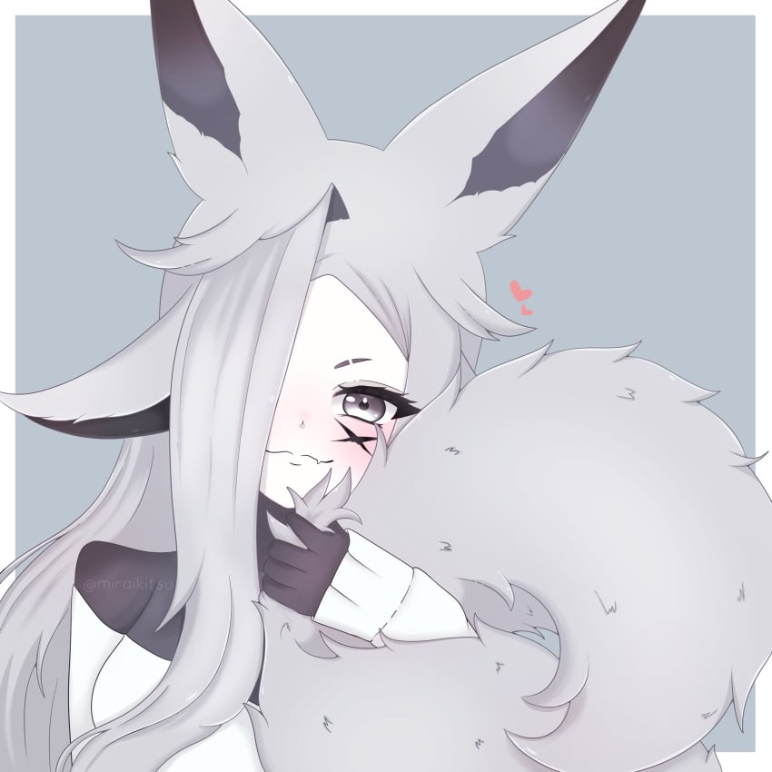 animal_ears artist_name blush closed_mouth dya_rikku_(vtuber) female grey_background hair_over_one_eye heart long_hair looking_at_viewer signature simple_background solo vyugen white_hair