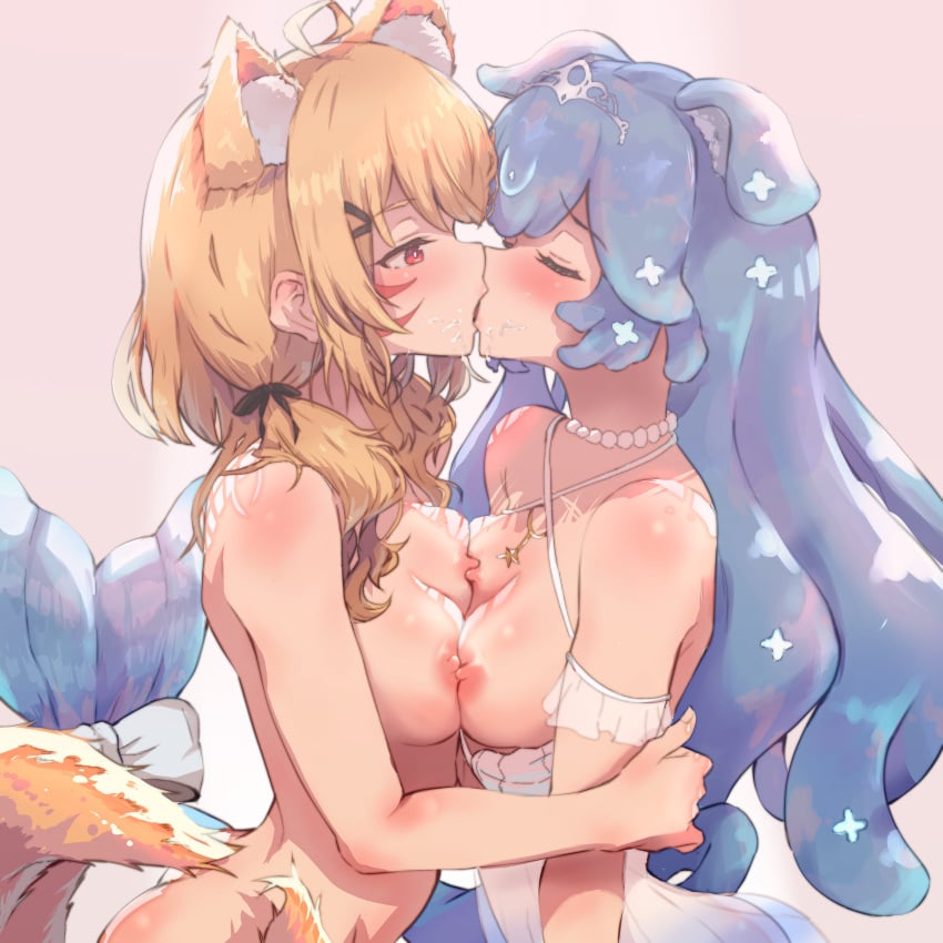 2girls ahoge animal_ear_fluff animal_ears asymmetrical_docking bao_(vtuber) bare_shoulders blonde_hair blue_hair blush breast_press breasts catgirl closed_eyes from_side hair_ornament indie_virtual_youtuber jewelry kissing large_breasts long_hair medium_breasts multiple_girls necklace nipples red_eyes squchan_(vtuber) symmetrical_docking tail very_long_hair virtual_youtuber vyugen yuri