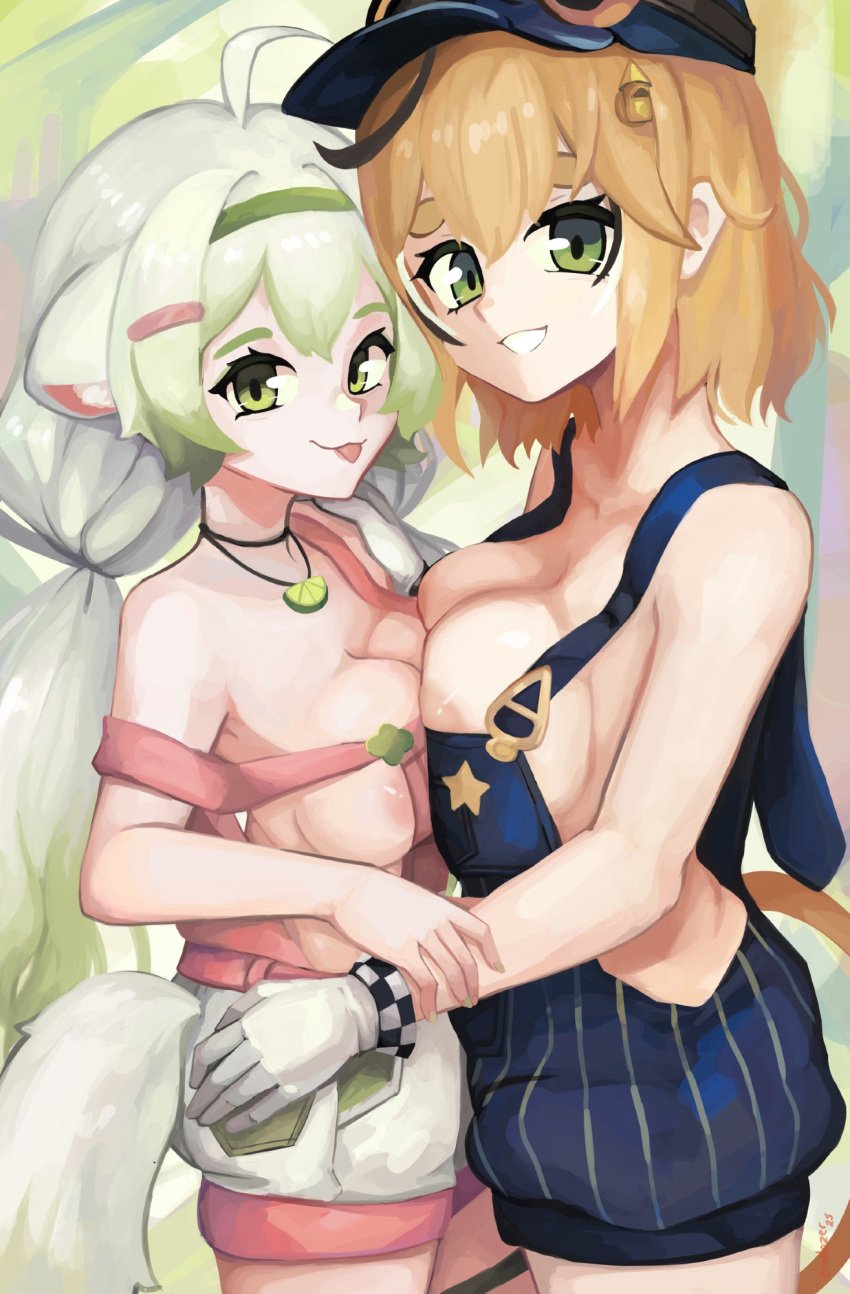 2girls ahoge areolae big_breasts blep blonde_hair breasts_pressed_against_floor cleavage covered_nipples dooby3d erodozer female green_eyes green_hair hair_ornament hairband indie_virtual_youtuber laimu necklace overalls_only smile thick_eyebrows tongue_out twintails virtual_youtuber vtuber