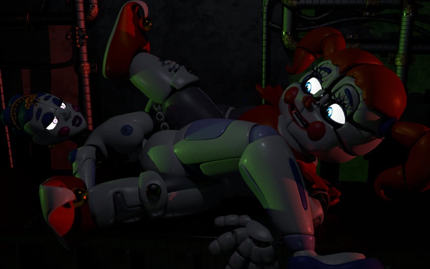 animatronic animatronic_girl animatronics ballet_dress ballet_feet ballet_leotard ballet_shoes ballora_(fnafsl) big_thighs blue_hair blue_heels blue_lips blue_nails blue_nipples circus_baby circus_baby_(fnaf) clown_girl five_nights_at_freddy&#039;s five_nights_at_freddy&#039;s:_sister_location fnaf fnaf_sister_location fnafsl heels lesbian_sex middle_breast red_hair red_nose robot_girl robot_sex slender_legs twintails white_body yuri