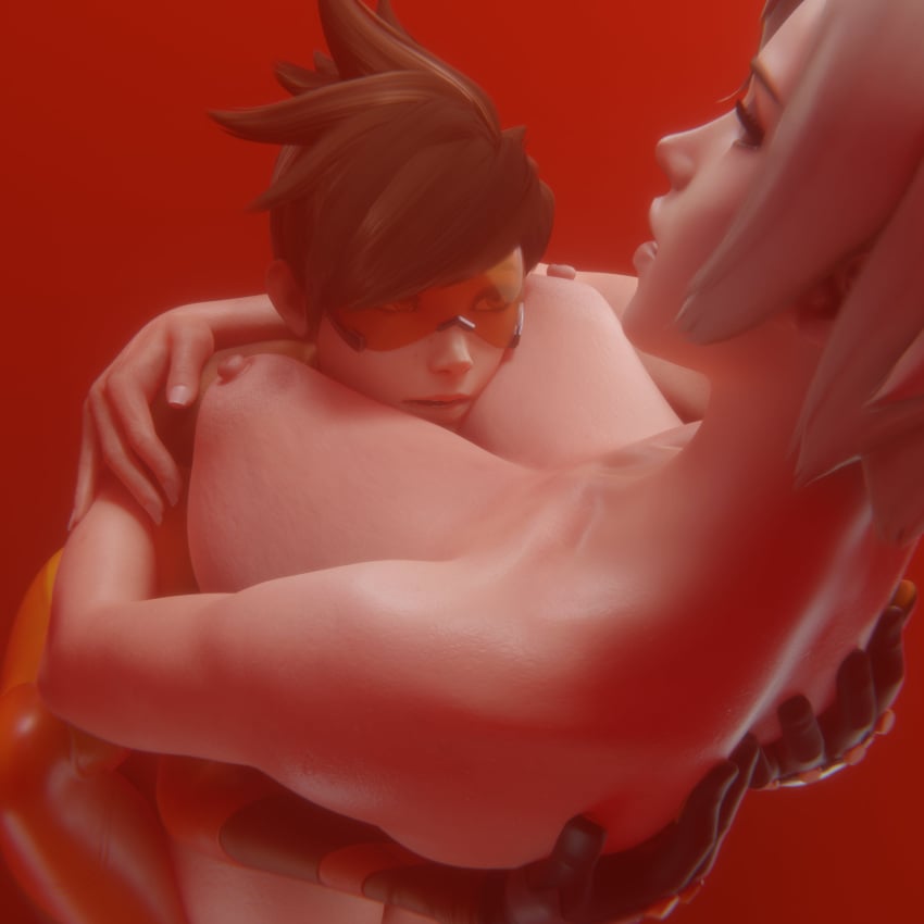 2girls big_breasts blonde_hair breasts brown_hair carrying_partner clothed_female clothed_female_nude_female head_between_breasts hugging light-skinned_female mercy nude_female overwatch tracer valenok yuri