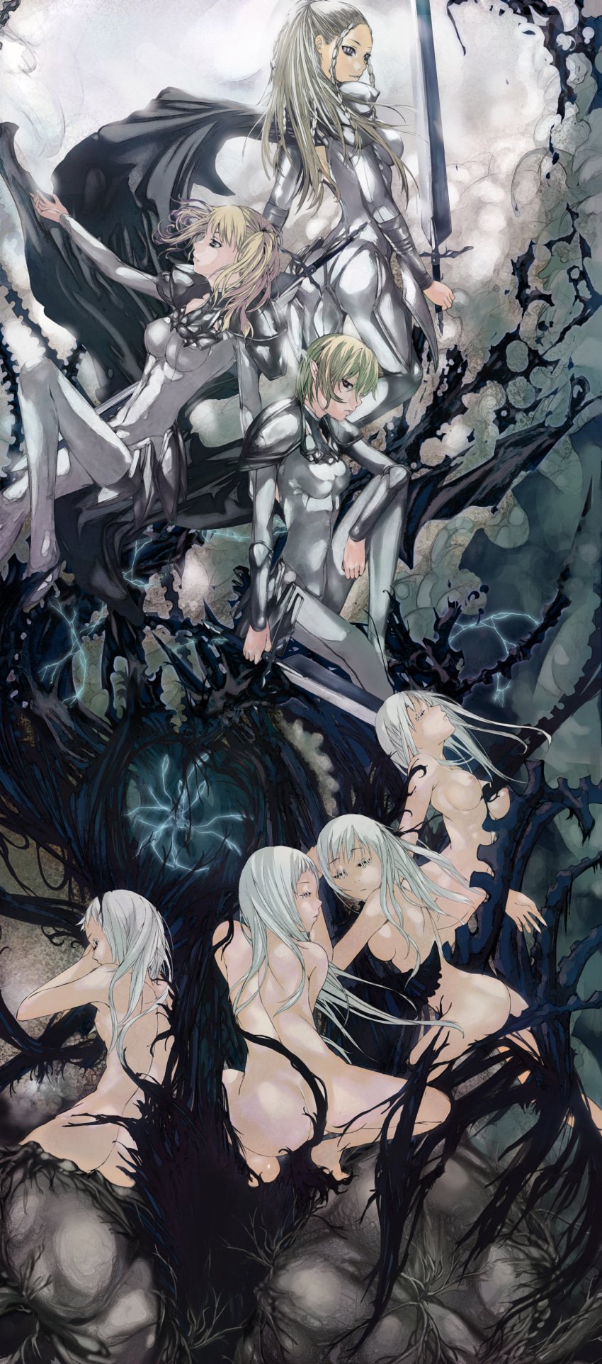 armor ass barefoot blonde_hair braid breasts cape cassandra_(claymore) character_request claymore closed_eyes clothing elf highres hysteria_(claymore) long_hair long_image looking_back medium_breasts multiple_girls nipples nude nyami- nyami-p pointy_ears ponytail roxanne_(claymore) scar short_hair silver_eyes sitting small_breasts smile stitches sword tall_image tied_hair twintails weapon