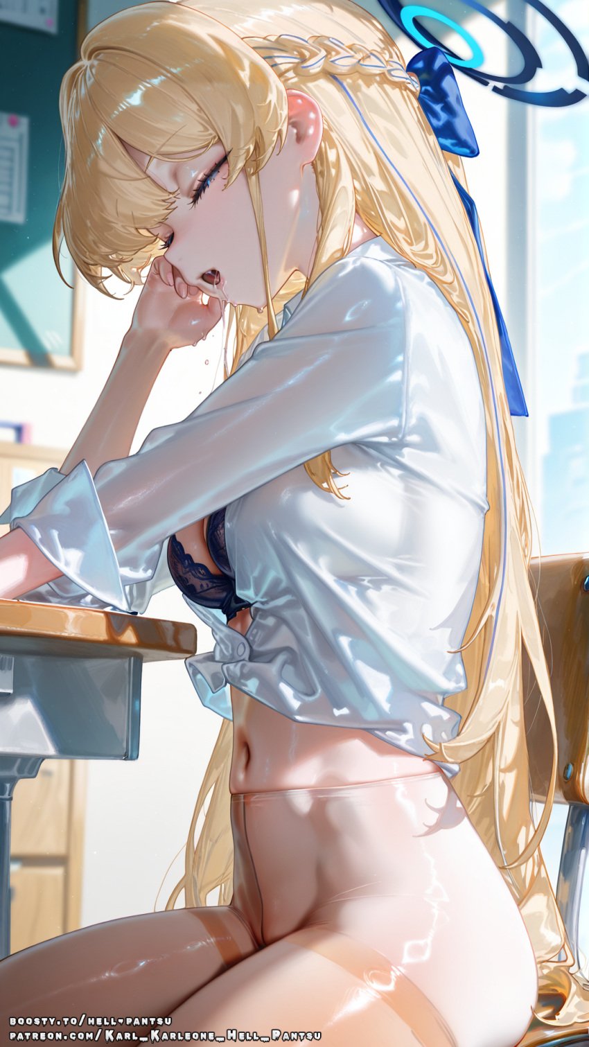 ai_female ai_generated asuma_toki blonde_hair blue_archive blue_eyes bra breasts color colored female hell-pantsu hi_res medium_breasts perfect_body toki_(blue_archive)
