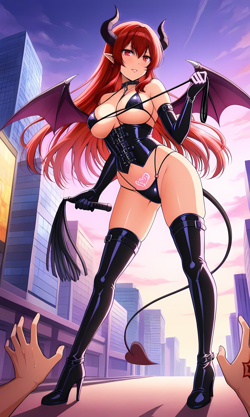 1boy ai_generated bangs bare_shoulders bat_wings bikini black_bikini black_clothes black_footwear black_gloves black_legwear black_thighhighs blush boots breasts city cleavage clothing cloud corset demon_girl demon_horns demon_tail demon_wings dominatrix elbow_gloves female female footwear gloves heart high_heel_boots high_heels holding holding_whip horns large_breasts legwear long_hair looking_at_viewer male navel original outdoors parted_lips pointy_ears pubic_tattoo red_eyes red_hair revealing_clothes shoes sky smile solo_focus standing straight succubus swimsuit tail tattoo thigh_boots thighhighs thighs underwear whip wings