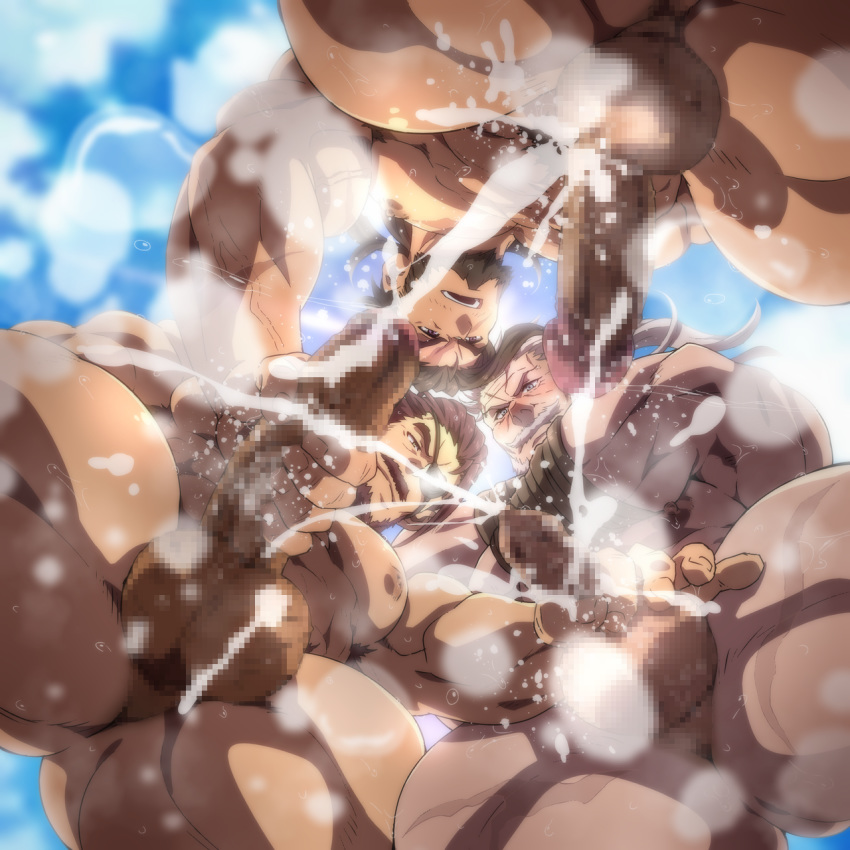 3boys abs bara bare_chest beard brown_eyes brown_hair censored chest crossed_arms cum dilf ejaculation erection eugen_(granblue_fantasy) eyepatch facial_hair from_below gay granblue_fantasy group_sex hand_on_another's_penis handjob highres jin_(granblue_fantasy) konohanaya long_hair male male/male male_focus male_only male_pubic_hair manly mosaic_censoring multiple_boys muscle nipples old_man projectile_cum pubic_hair scar silver_eyes silver_hair soriz testicles thick_thighs thighs threesome veins yaoi