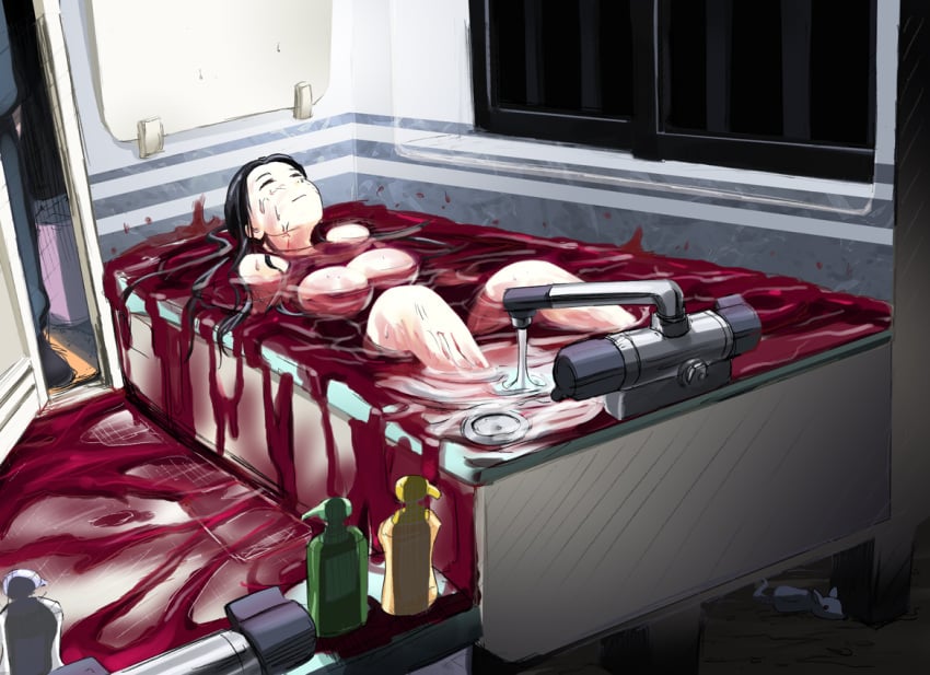 1girls bath bathroom beige_skin black_hair blood blood_bath breasts closed_eyes closed_mouth clothes color corpse dead female footwear guro hair human indoors male night nude overflowing shoes water window