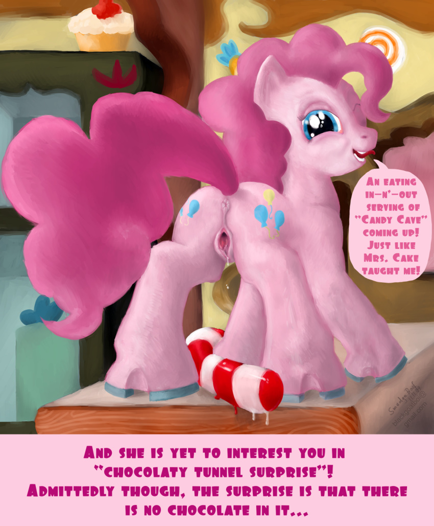 anal anus ass blue_eyes candy_cane cupcake cutie_mark dildo dripping equine female feral food friendship_is_magic gaping horse horseshoes looking_at_viewer my_little_pony pinkie_pie_(mlp) pony presenting pucker pussy pussy_juice sex_toy smudge_proof solo spread_pussy spreading standing sugarcube_corner sweets tail